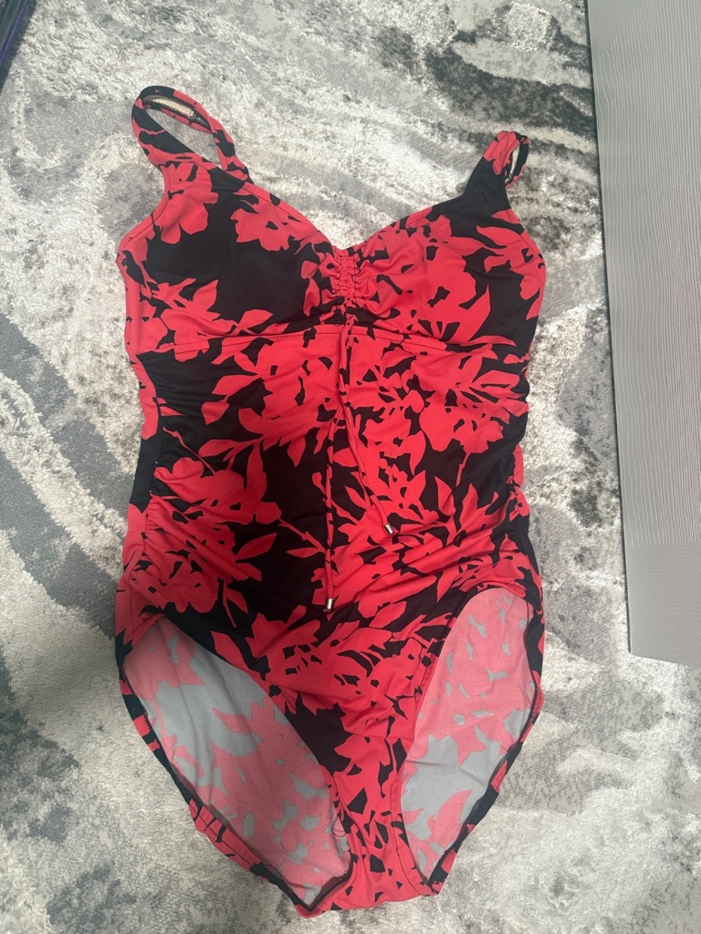 Aqua Green Black One-Piece Swimsuit with Red Floral Print